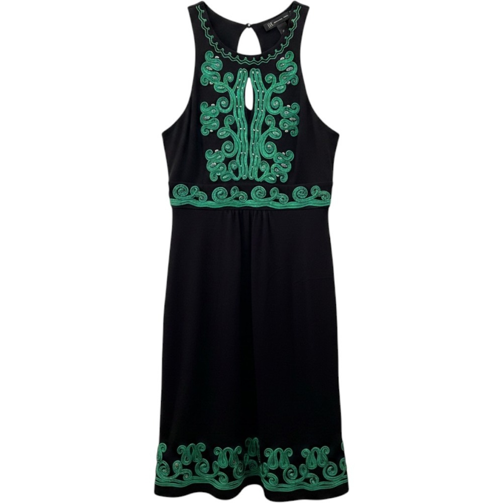 INC International Concepts Black Green Soutache Beaded Halter Dress Small Pima